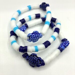 Blue and White Turtle Beaded Bracelet Set